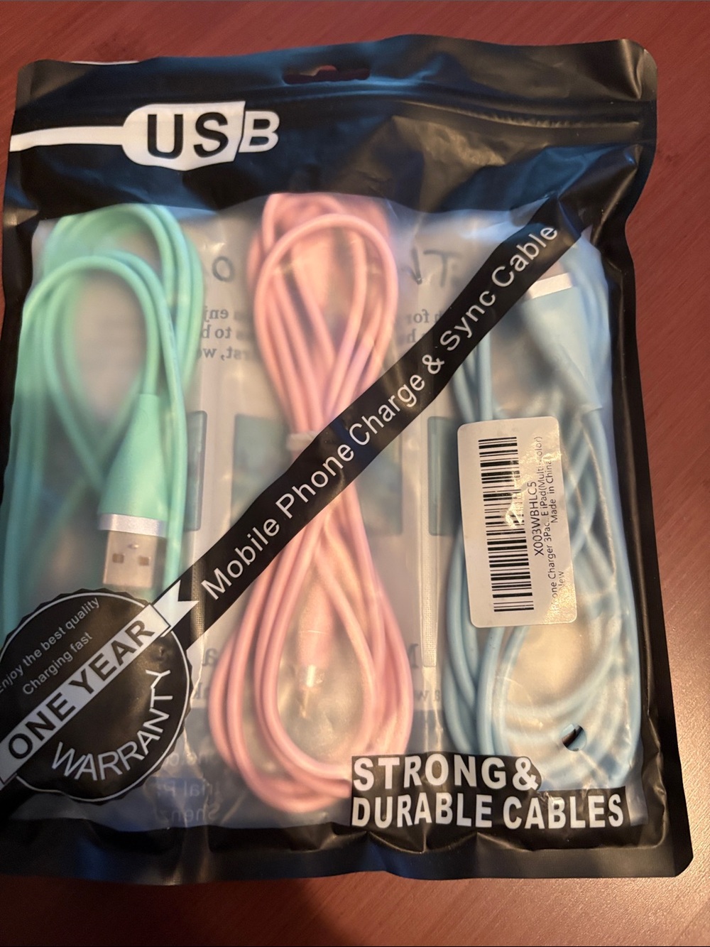 Multi-Pack USB Mobile Phone Charge & Sync Cables - Mint, Pink, Light Blue